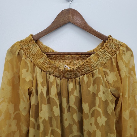 Willow & Clay Womens M Mustard Floral Sheer Lined Off Shoulder Peasant Blouse - Picture 10 of 16